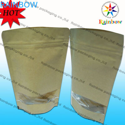 Levante-se sacos de papel personalizados Kraft Ziplock de Brown com a janela para o empacotamento do petisco