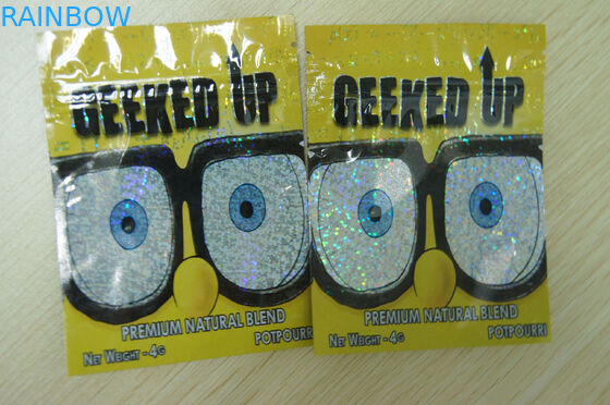 O incenso erval Ziplock que empacota o plástico GEEKED do filme do laser 4g LEVANTA o amarelo