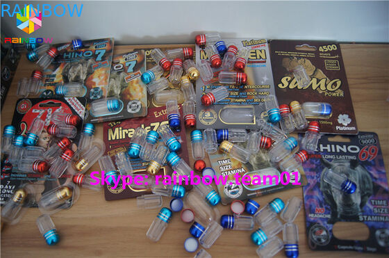 Caixa de papel do GV que empacota a garrafa de comprimido plástica clara do sexo, serviço feito sob encomenda proporcionado