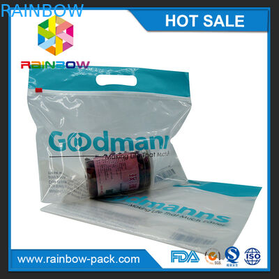 O saco ziplock do slider do PE com logotipo levanta-se sacos dianteiros claros do fechamento do fecho de correr do saco com parte dianteira ziplock impressa código do espaço livre do saco do upc