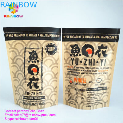 O costume imprimiu o saco do fechamento do zíper do saco de papel de kraft para batatas fritas salgadas gourmet da pele dos peixes do ovo 105g