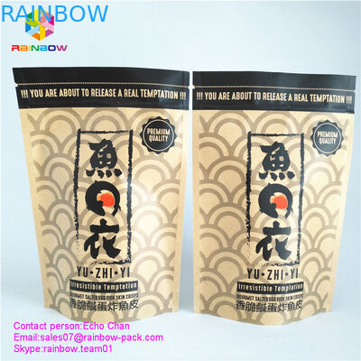 O costume imprimiu o saco do fechamento do zíper do saco de papel de kraft para batatas fritas salgadas gourmet da pele dos peixes do ovo 105g