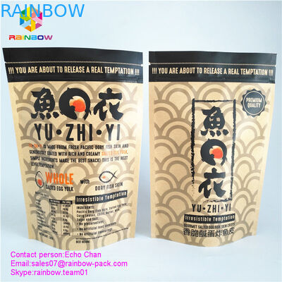 O costume imprimiu o saco do fechamento do zíper do saco de papel de kraft para batatas fritas salgadas gourmet da pele dos peixes do ovo 105g