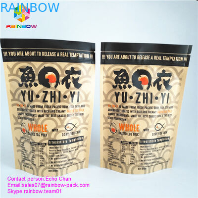 O costume imprimiu o saco do fechamento do zíper do saco de papel de kraft para batatas fritas salgadas gourmet da pele dos peixes do ovo 105g