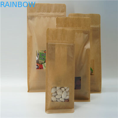 Saco de papel quadrado de Brown Kraft com janela clara, malote do café do fechamento do fecho de correr