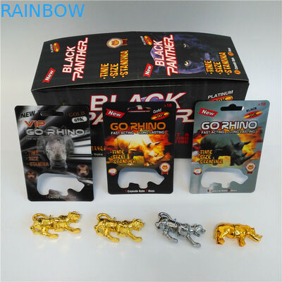 Vai o cartão da bolha do comprimido do realce dos homens do rinoceronte que empacota com figura garrafa do rinoceronte da bolha