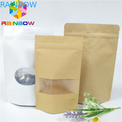 Os sacos de papel impressos feitos sob encomenda com o saco Ziplock de Brown Kraft para o café/chá com janela estão o malote acima de empacotamento