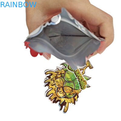 Bolsas de forma Mylar com logotipo personalizado Impresso Holográfico Irregular Ziplock Proof Odor 3.5g 7g 14g 28g Bolsas de lanches