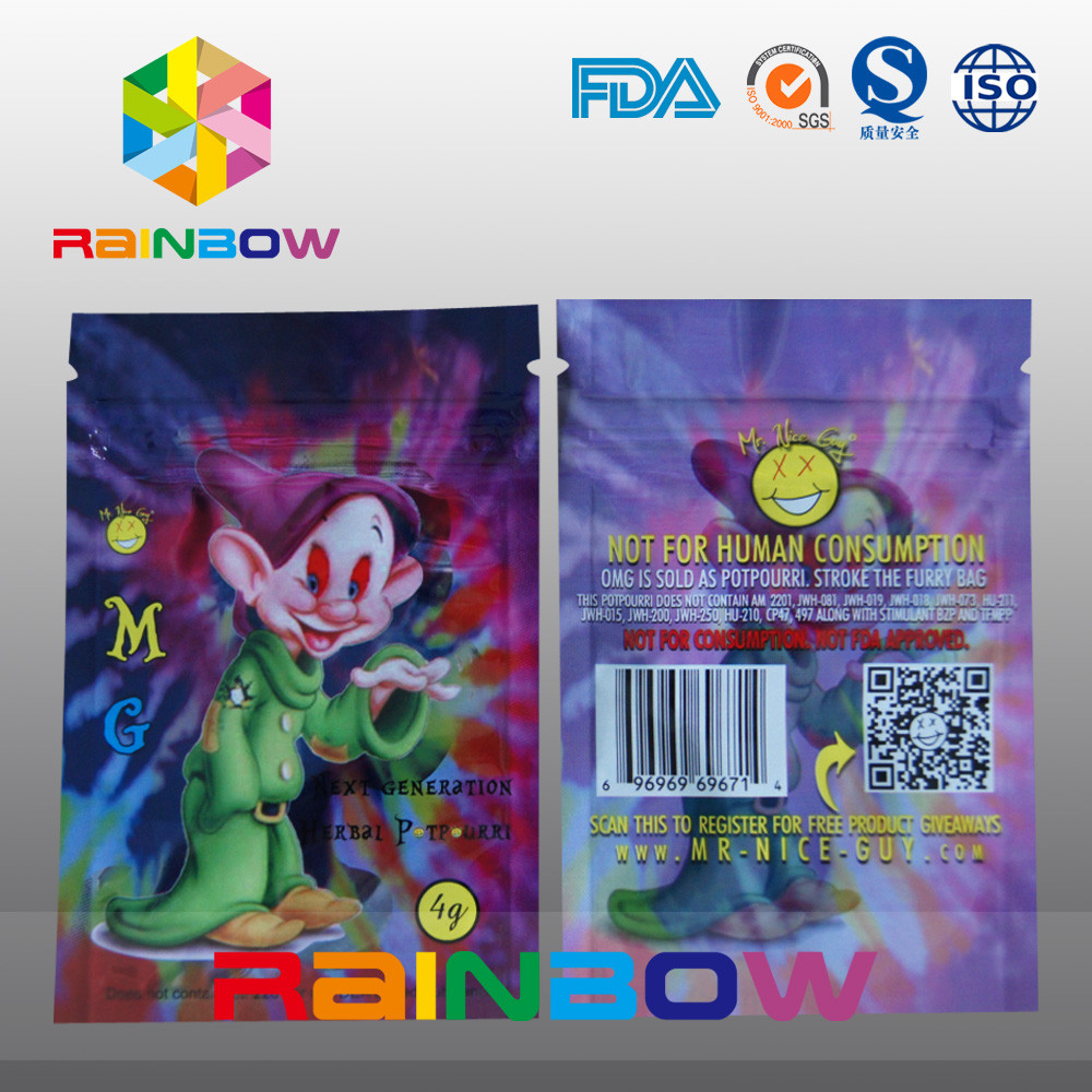 O Ziplock erval feito sob encomenda do incenso do logotipo M.G da impressão ensaca o saco do fumo da especiaria de 5g 4g