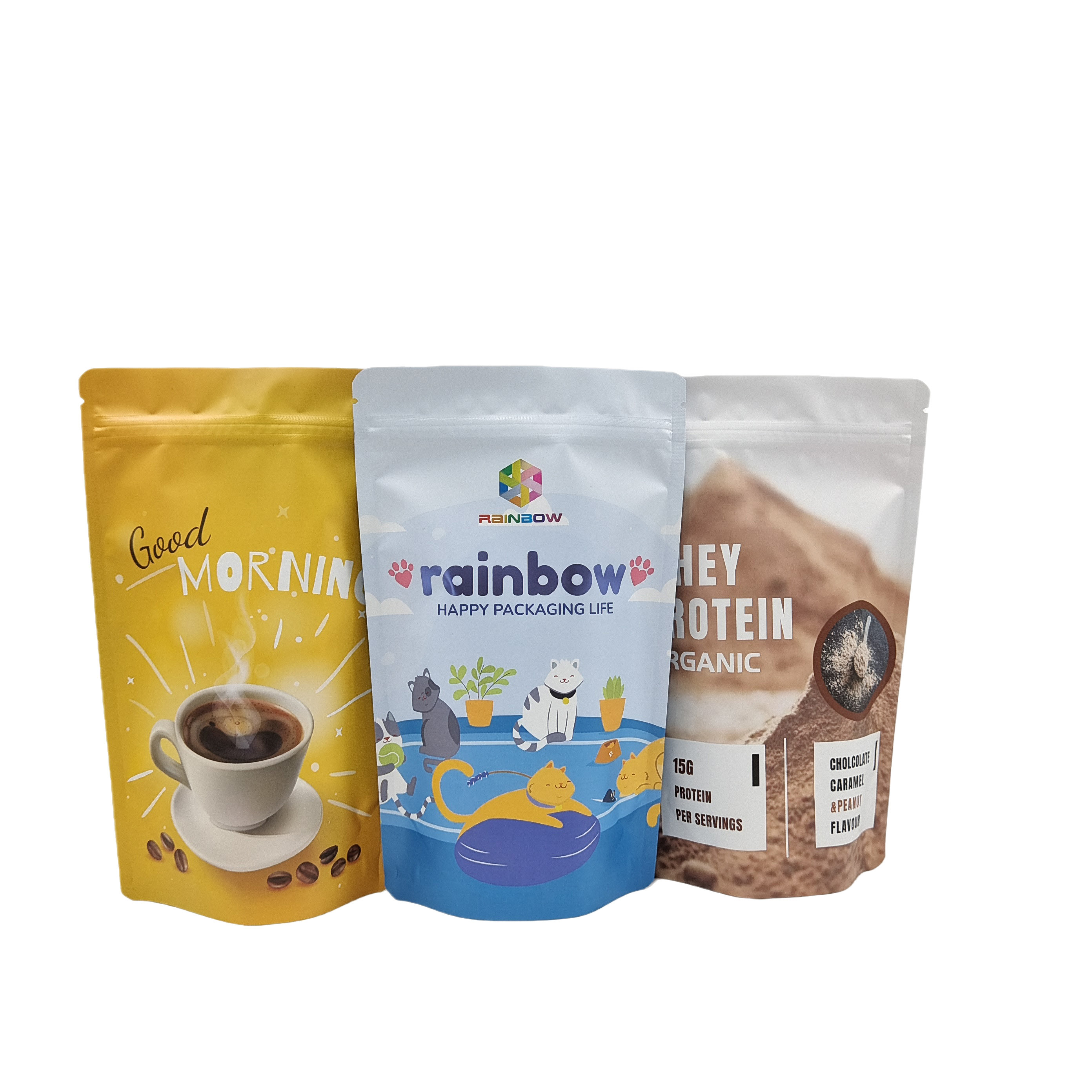 Embalagem de plástico comestível folha de alumínio com zíper sacos de pé para lanche biscoito proteína em pó