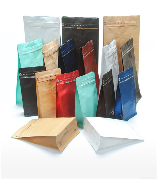 Sacos de embalagem de papel kraft impresso Sacos de café de fundo plano com válvula de desgaseamento