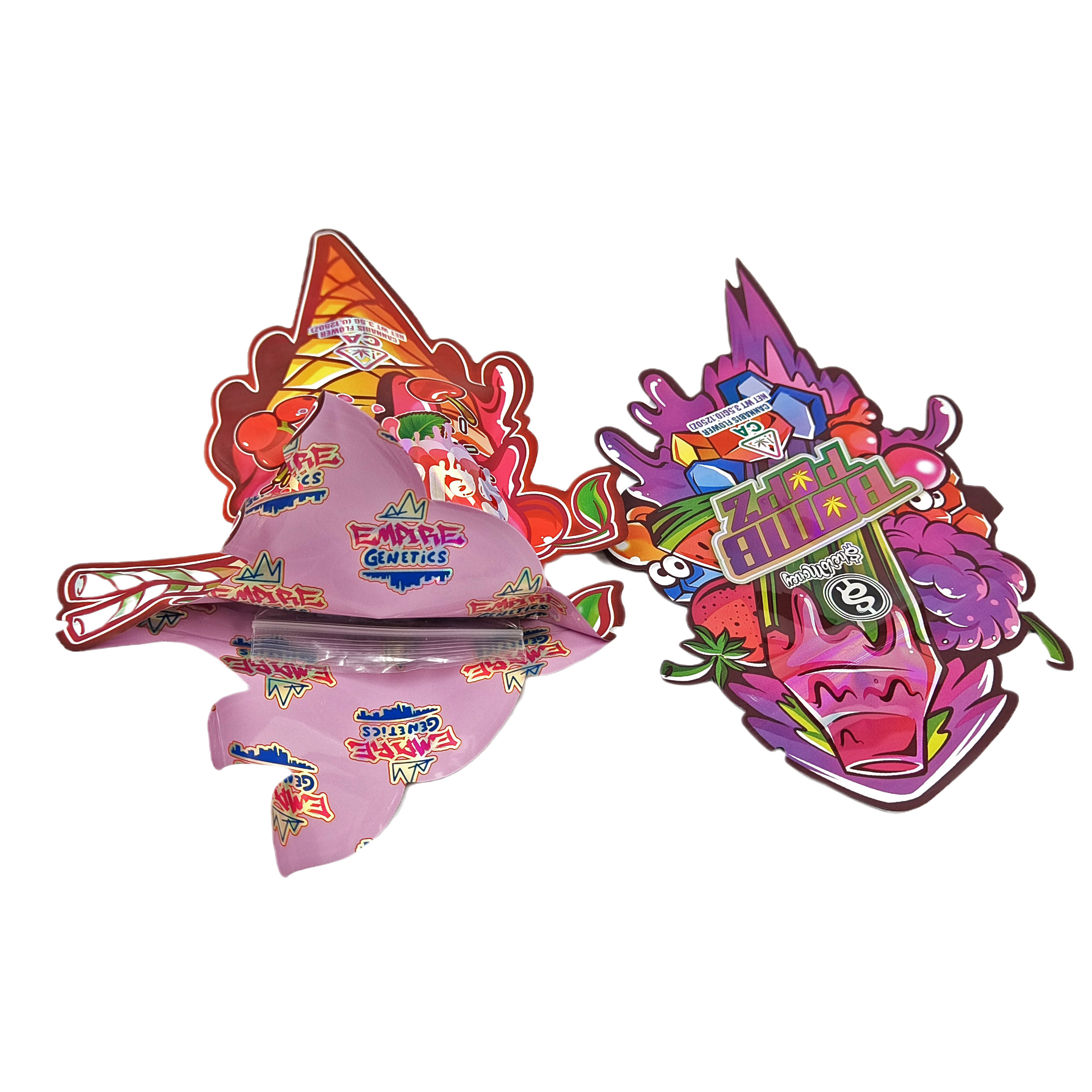 Embalagem em plástico de design personalizado de forma especial Impressão em folha de holograma doces à prova de crianças bolsas Mylar Die Cut