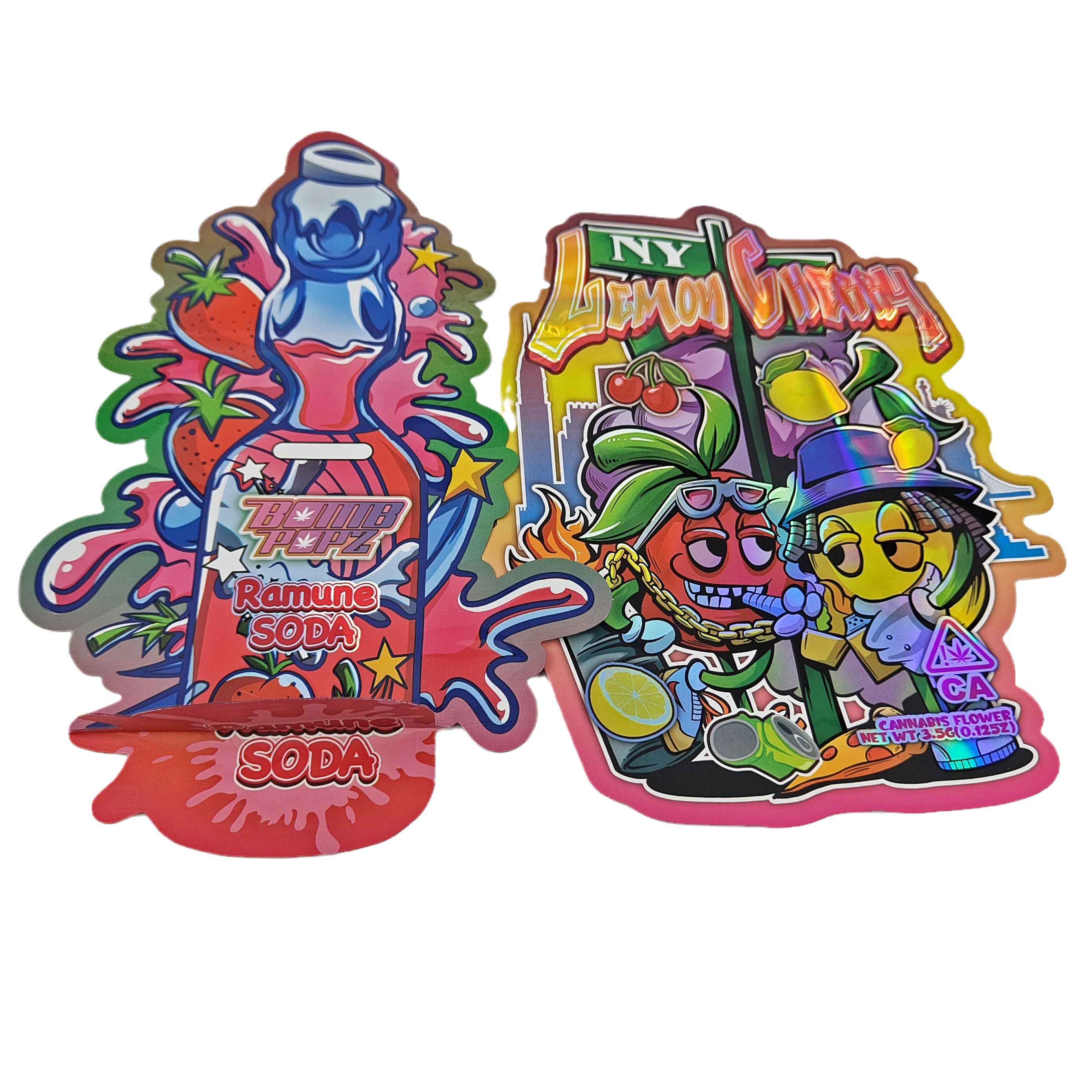 Bolsas de embalagem de plástico de papel alumínio customizado de toque macio em forma irregular de 3,5 g 7 g 14 g 28 g Bolsas Mylar de corte a óleo