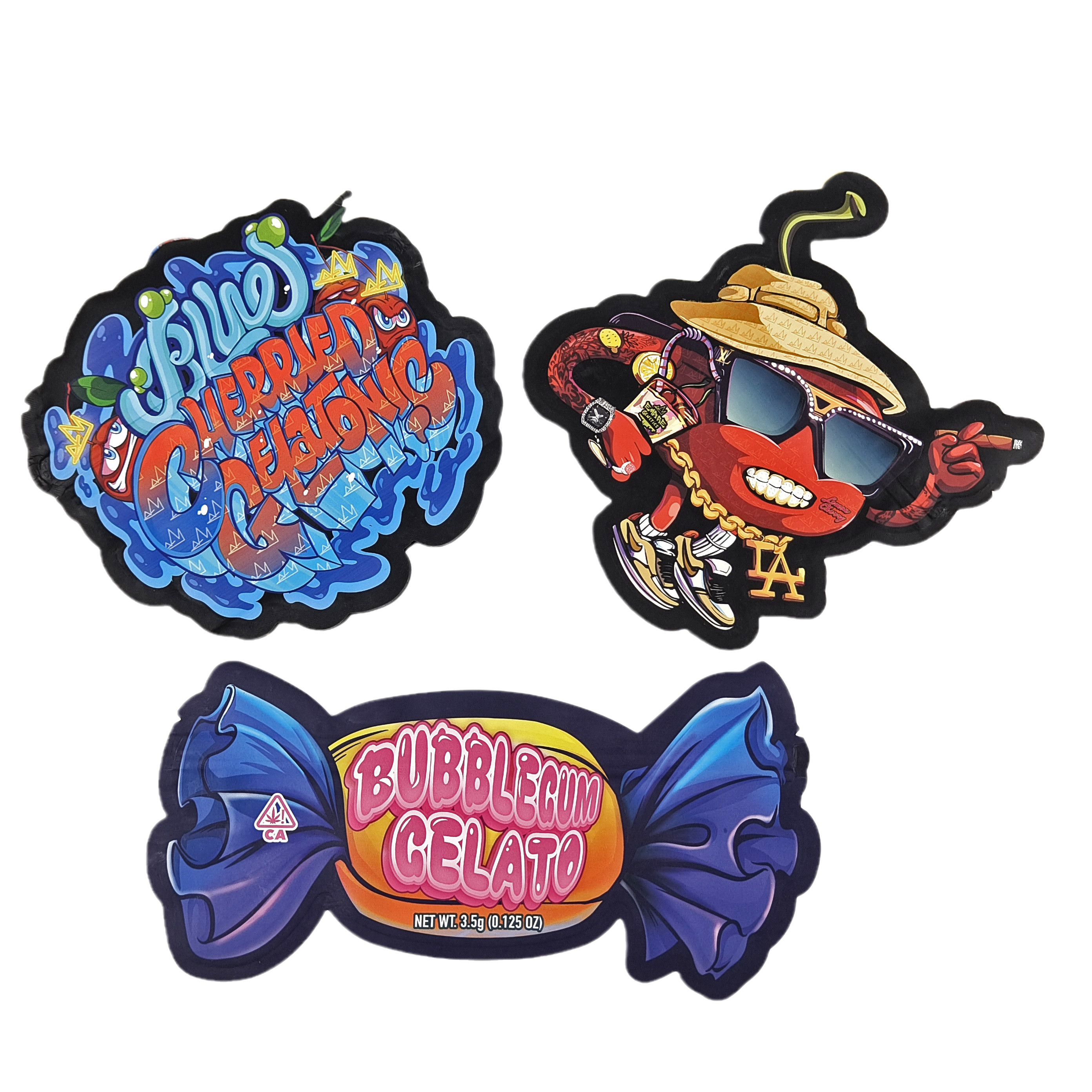 Logotipo personalizado em forma de plástico refechável em forma de bolsa à prova de odor Dié corte Ziplock 3.5 Mylar sacos para doces