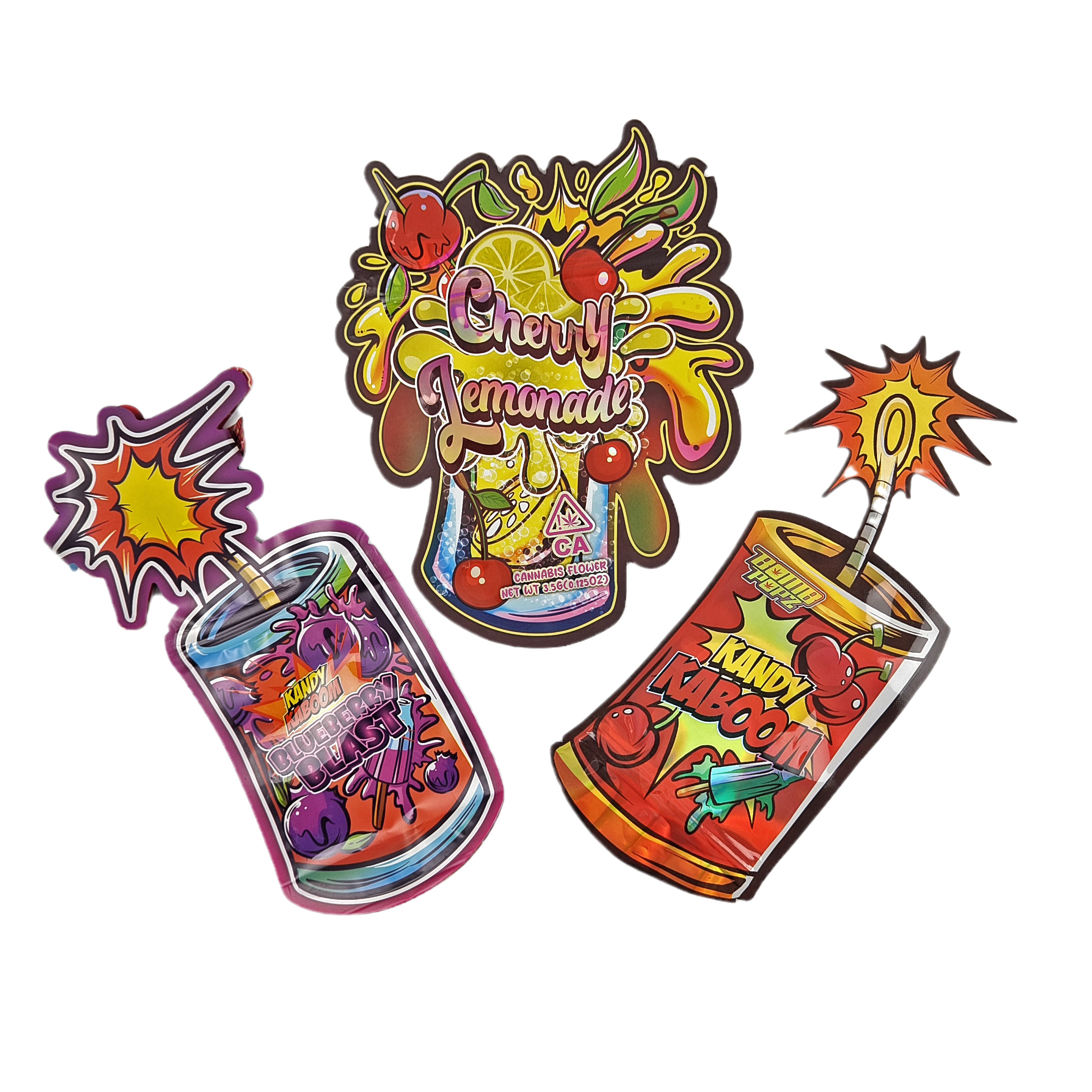 Embalagem de forma irregular Design personalizado com folha de holograma Ziplock 3.5g Resistente a cheiro Sacos Mylar de corte a óleo