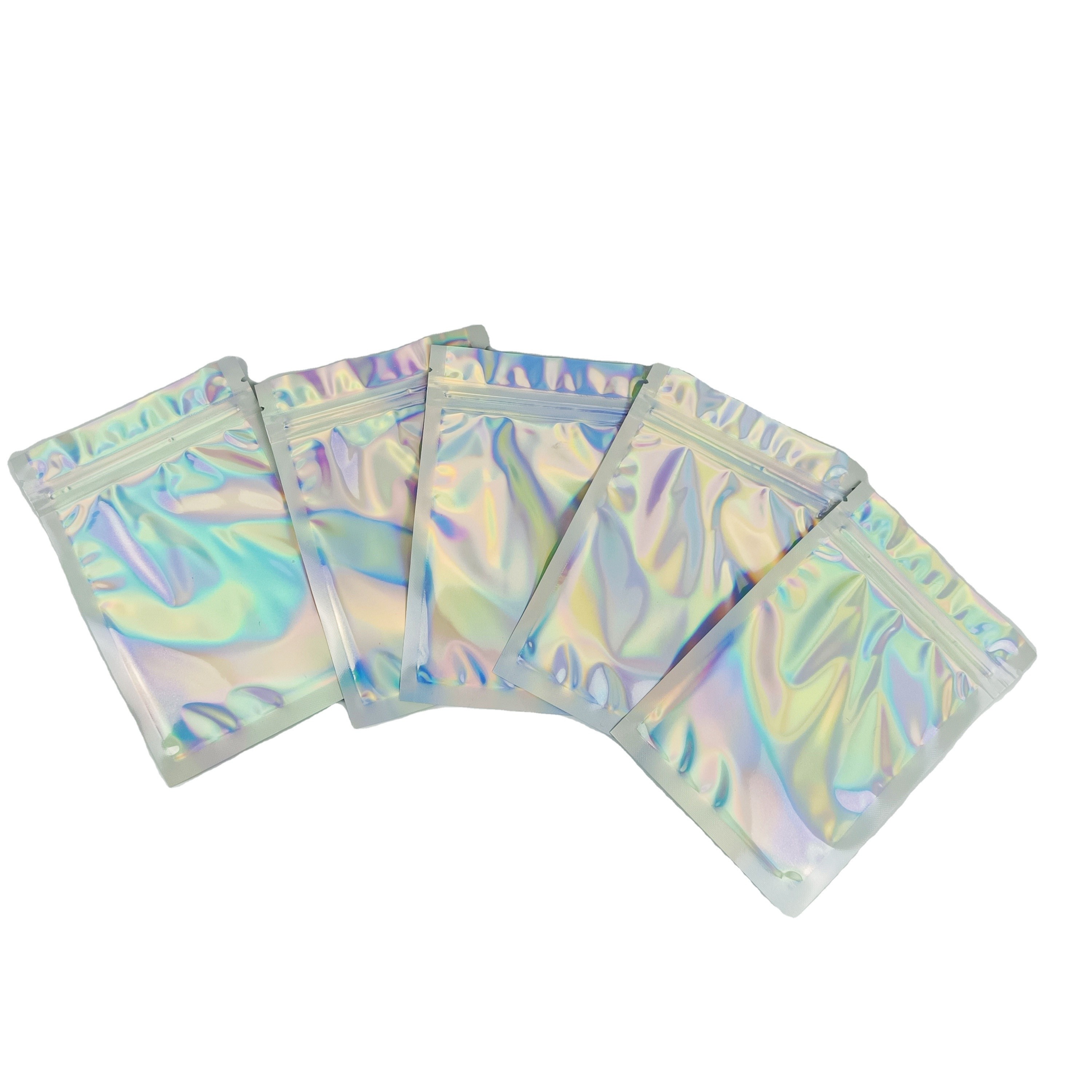 Logotipo personalizado Bolsas de fechadura Zip Flat Holographic Film Mini Mylar Three Side Seal
