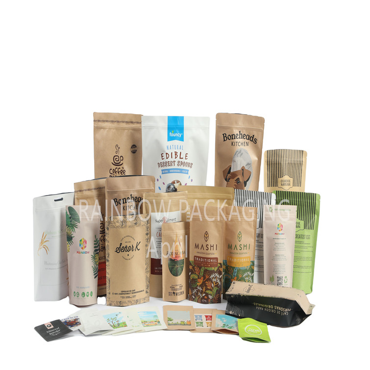 Bolsas de papel Kraft castanho de qualidade alimentar de PLA Mangas em pó Alimentos para animais de estimação Doces de embalagem comestíveis Bolsas de embalagem Mylar com fecho