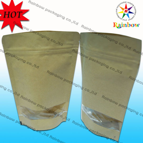 Levante-se sacos de papel personalizados Kraft Ziplock de Brown com a janela para o empacotamento do petisco