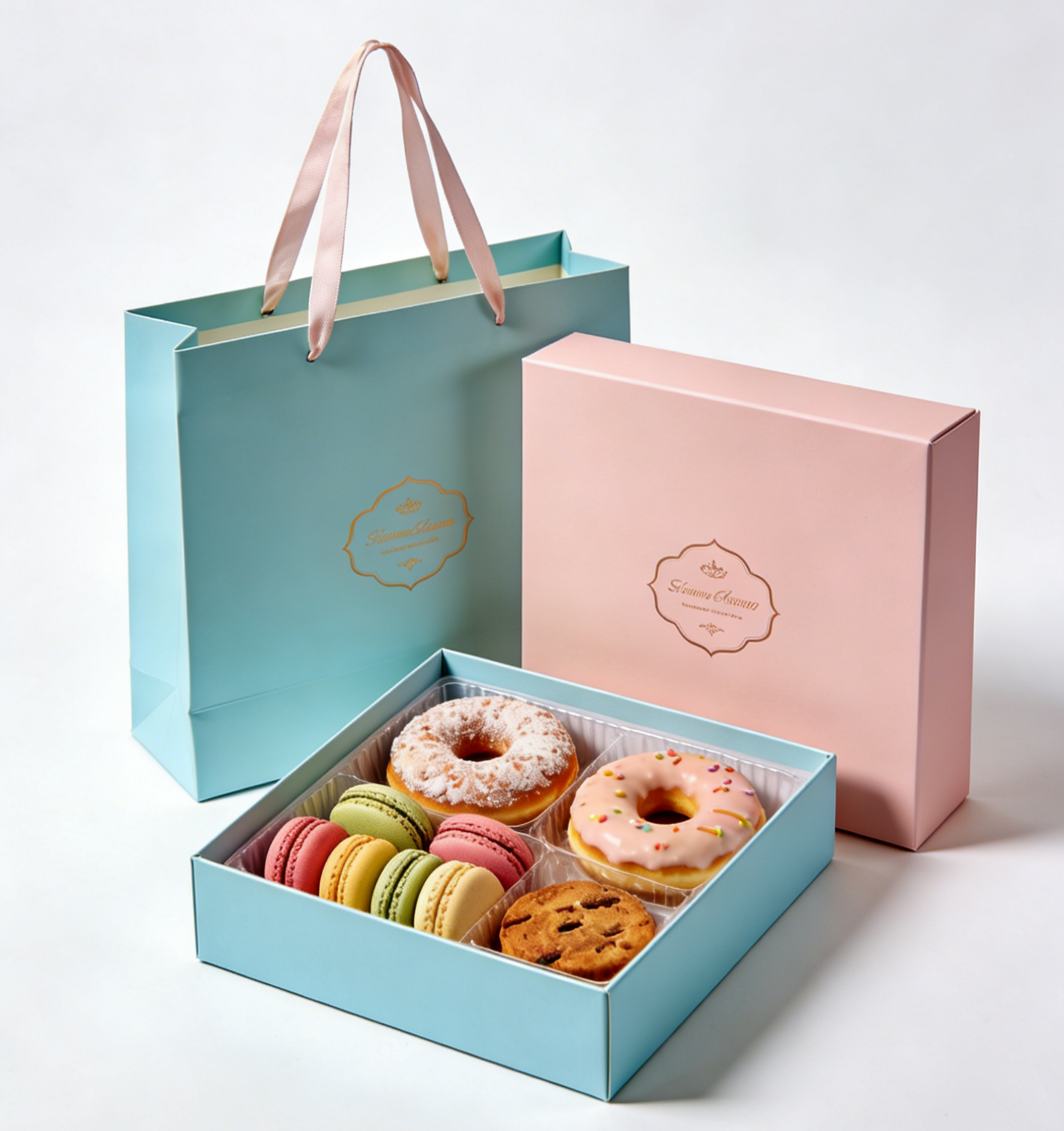 Premium Food Grade Base dobrável e caixa de tampa para bolo Sushi macarrão sobremesas padaria caixa de presente com saco de papel