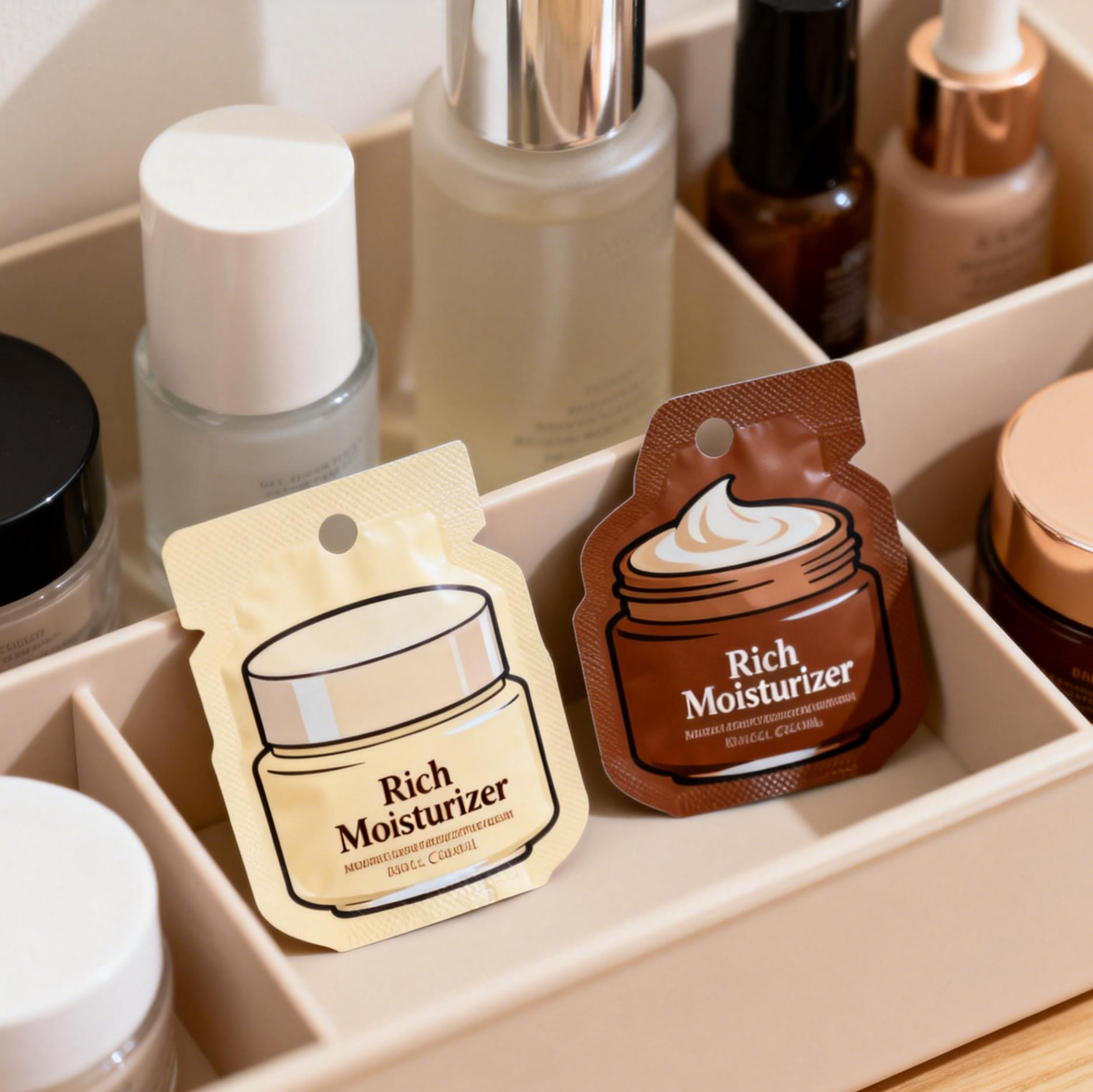 Embalagem de Sachê de Plástico para Loção de Skincare Personalizada, Sachês de Folha de Mylar para Amostras Cosméticas, Sachês com Selagem a Quente, Bolsas Pequenas