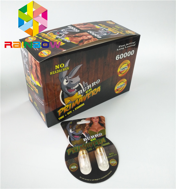 Cartão lustroso da bolha que empacota o cartão de papel dos comprimidos Burro2 60000 feitos sob encomenda do realce do sexo