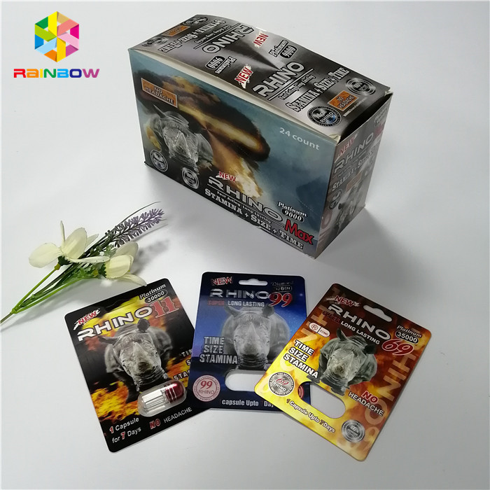 Os comprimidos masculinos do sexo do realce empolam a caixa de cartão 3d plástica de empacotamento da cápsula do rinoceronte 69 do cartão