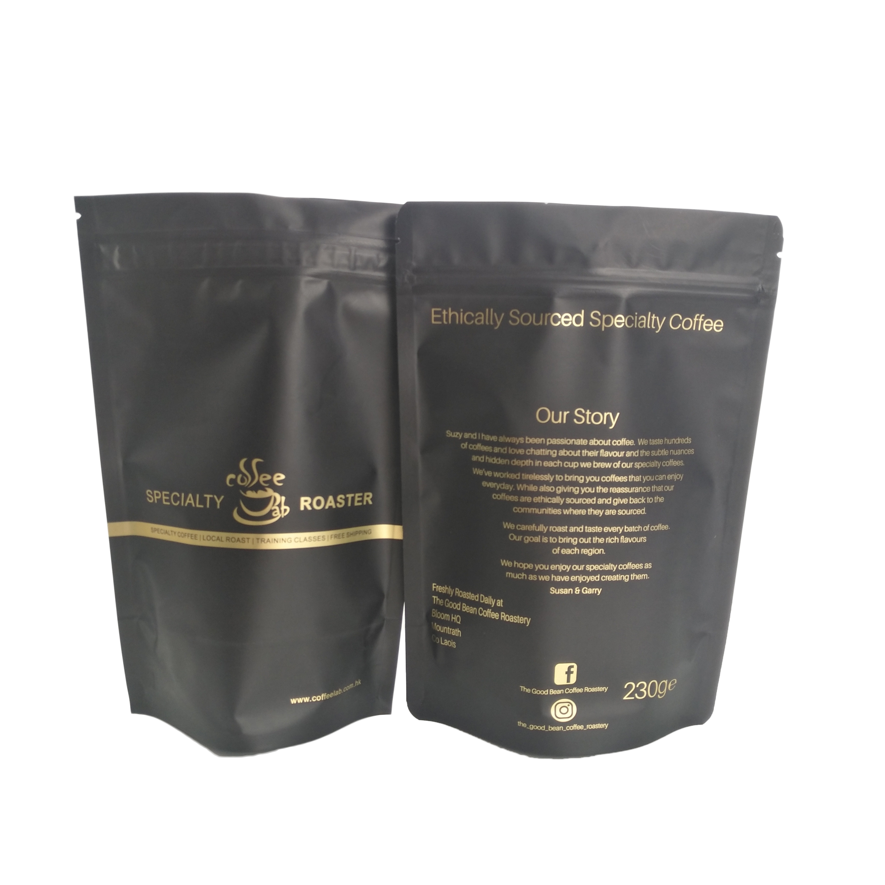 Matte Black Finish Foil Stand acima do saco de café de empacotamento do saco do zíper com tiras do ouro